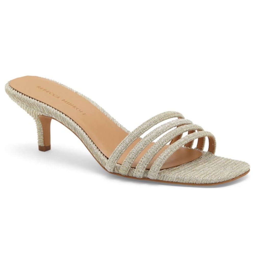 NWOB Rebecca Minooff Decklynn Gold Silver Fabric slide kitten heel sandals 9 M